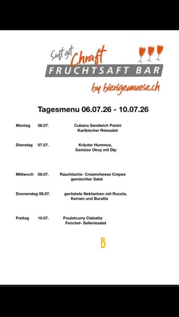 Tagesmenu der kommenden Woche,
wir wünschen allen, die Ferien haben, schöne Ferien ☀️

#fruchtsaftbar #bern #bieri_gemuese #takeawayfood #gesund