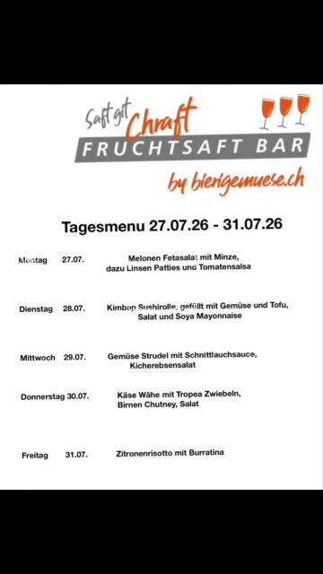 Tagesmenu von nächster Woche, SFr. 17.-
 Takeaway SFr. 14.-
#fruchtsaftbar #bern #bieri_gemuese #gesund #