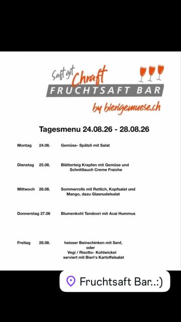Tagesmenu von dieser Woche, komm vorbei und geniesse gesundes Essen.
#fruchtsaftbar #bern #gesund #vegetarischkochen #takeawayfood