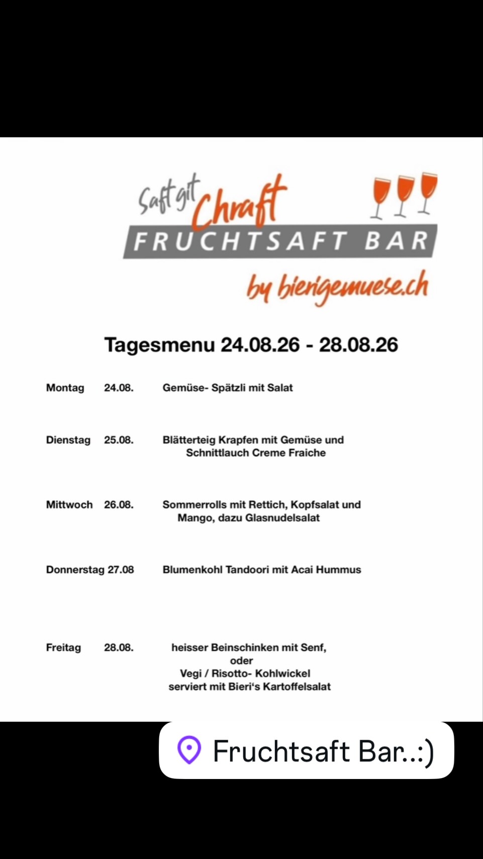 Tagesmenu von dieser Woche, komm vorbei und geniesse gesundes Essen.
#fruchtsaftbar #bern #gesund #vegetarischkochen #takeawayfood