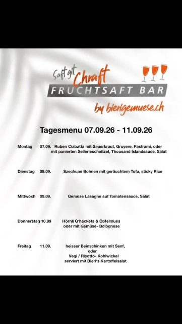 Tagesmenu von kommender Woche, vom 07.09- 11.09.26
#fruchtsaftbar #takeawayfood #bern #gutundgünstigkochen