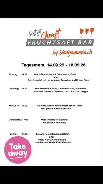 Tagesmenu von nächster Woche, im Haus SFr. 17.-, als take away SFr. 14.-
#fruchtsaftbar #takeawayfood #berncity #immeröpisneus