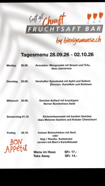 Tagesmenu von dieser Woche
#fruchtsaftbar #tagesmenu #takeawayfood #bern